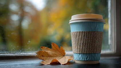 Autumn coffee cup windowsill
