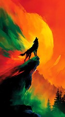 lone wolf stands on a cliff, silhouetted against a fiery, colorful sunset
