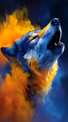 blue wolf howls as fiery orange smoke swirls around its head.