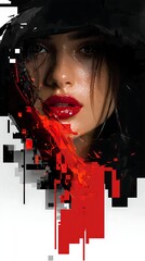 digital abstract portrait shows a woman with red lips, dark eyes, and fragmented glitch-like effects.