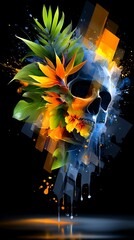 skull merges with tropical flowers and leaves, blending life and death in vivid abstract colors.