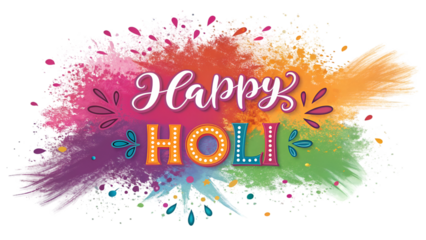 Celebrate Happy Holi Festival with vibrant colors and joyful lettering, perfect for festive greetings and cultural event promotions, capturing the spirit of India