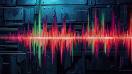 Dynamic red and green audio spectrum visualizer on a futuristic dark tech panel background brings modern sound