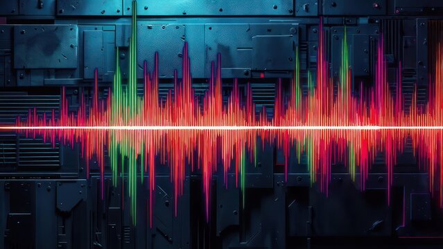 Dynamic red and green audio spectrum visualizer on a futuristic dark tech panel background brings modern sound - Powered by Adobe