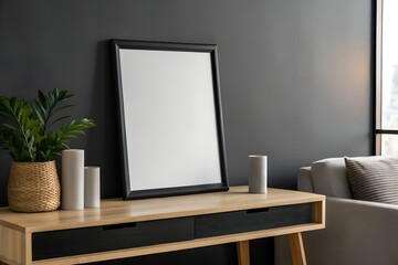 Blank Frame Mockup on Wooden Desk Against Dark Wall