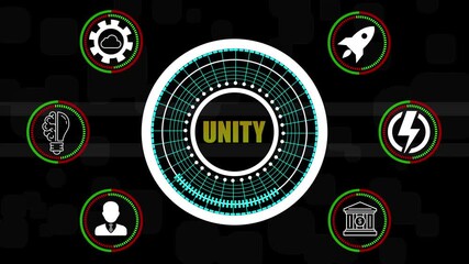 Unity concept with central circular interface and surrounding icons for teamwork business and connection - Powered by Adobe