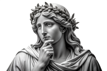 Timeless classical marble sculpture of a thoughtful woman wearing a laurel wreath, embodying ancient wisdom, contemplation, and intellectual grace