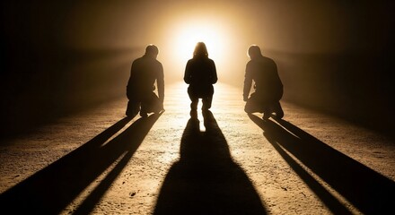 Silhouettes squatting against a bright light