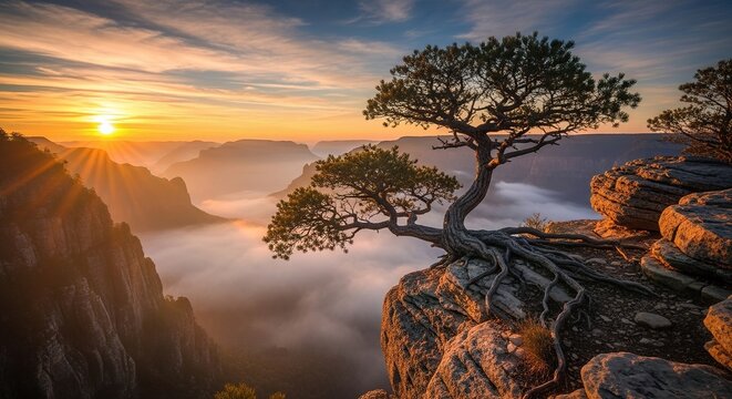 Majestic Sunrise Over Canyon with Solitary Windswept Tree