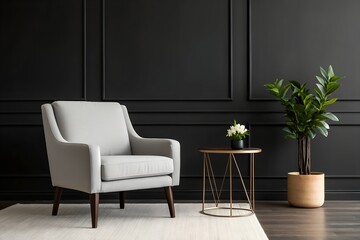 Light Grey Armchair in Dark Room with Plant