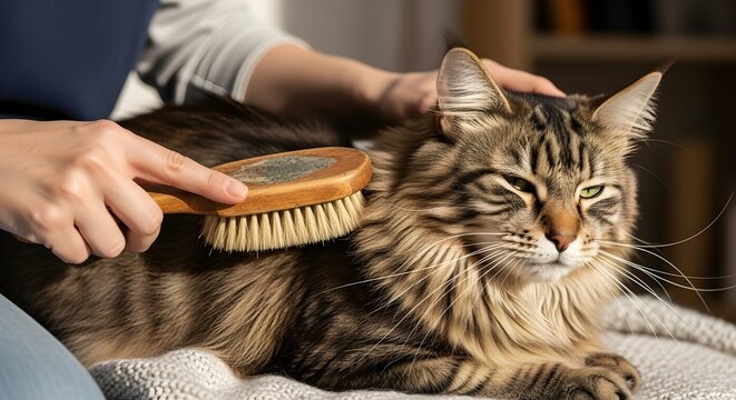 A person brushes a long haired brown tabby cat with a wooden brush close up