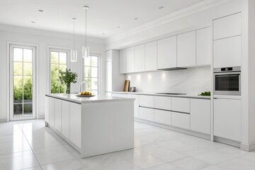 Modern White Kitchen Interior Design with Island