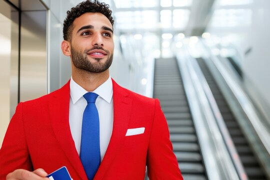 Professional man in red suit riding escalator at corporate building business environment urban viewpoint