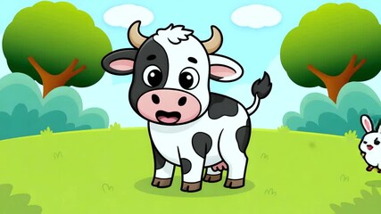 A smiling cartoon cow looking around the meadow as rabbits and birds join in, the cow nods and moves excitedly, with trees gently swaying in the wind – a fun and friendly farm-style animat - Powered by Adobe