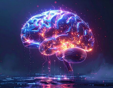Artificial intelligence concept with glowing digital brain on dark background