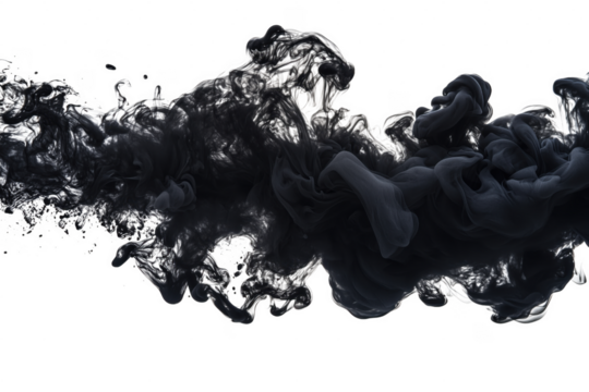 Abstract black ink cloud swirling and forming fluid shapes against a transparent background
