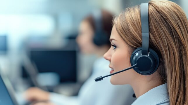 Customer support interaction call center employee portrait office environment profile view professionalism
