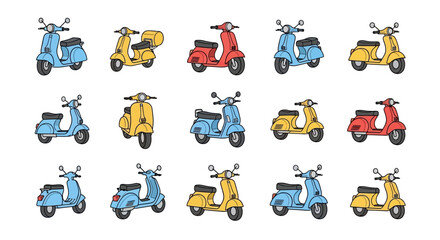 Collection of Colorful Vintage Scooters in Various Styles and Colors, Side View.