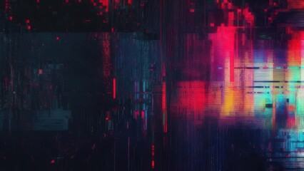 Vibrant digital glitch art with neon lights and futuristic cityscape textures, perfect for tech.