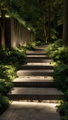A stone stairway, illuminated by subtle lighting, descends through a lush garden at twilight.