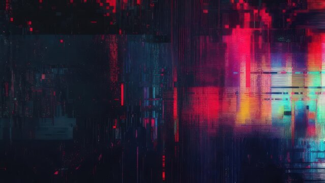 Vibrant digital glitch art with neon lights and futuristic cityscape textures, perfect for tech.
