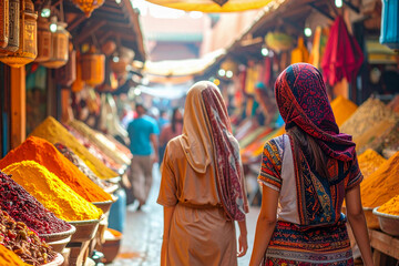 Obraz premium A monk's traditional temple culture is a colorful scene, with people and children shopping for fun