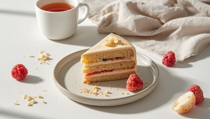 A slice of layered cake with white chocolate and raspberries is placed on a plate, with a cup of tea nearby. The photo is for National Cake Day.