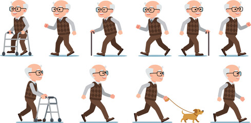 Cartoon elderly man, walker, cane, walking unaided, dog walking, mobility progression, aging support, physical therapy, senior lifestyle, healthcare, independence, rehabilitation, elder care