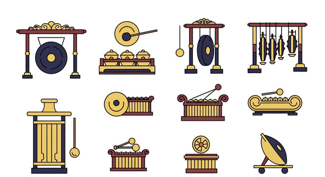 Collection of Indonesian Gamelan Musical Instruments, Traditional Style, Detailed Line Art.