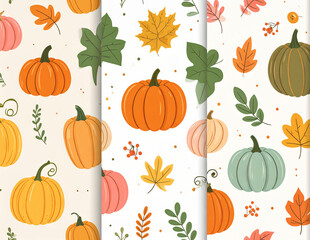 Seamless Fall Pattern with Orange Pumpkins and Leaves