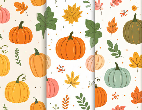 Seamless Fall Pattern with Orange Pumpkins and Leaves