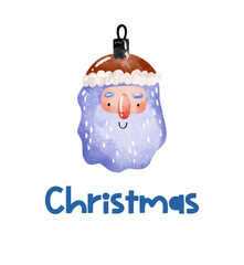 Christmas  illustration with  blue toy  santa face. Cute new year winter decor. Happy new year card