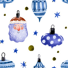 Decorative Christmas pattern with cute tree toys, hand drawn seamless background for new year party