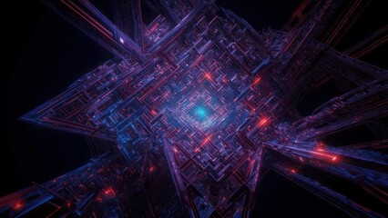 Dynamic abstract digital network tunnel with glowing neon blue and red lights