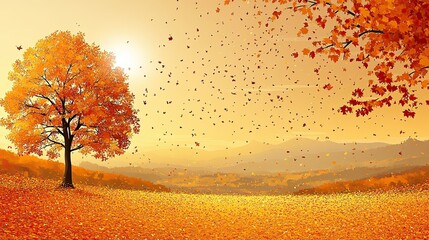 Fototapeta premium Vibrant Autumn Landscape with Golden Leaves and Sunset Glow