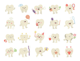 Obraz premium Tooth character set in scandinavian style showing different emotions and poses including holiday, celebration, book, education, health, food, drink, valentine, flower, cookie