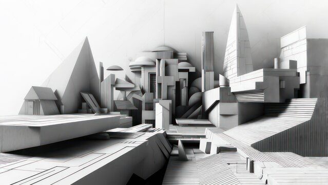 Dynamic abstract cityscape with sharp geometric forms and modern architectural elements