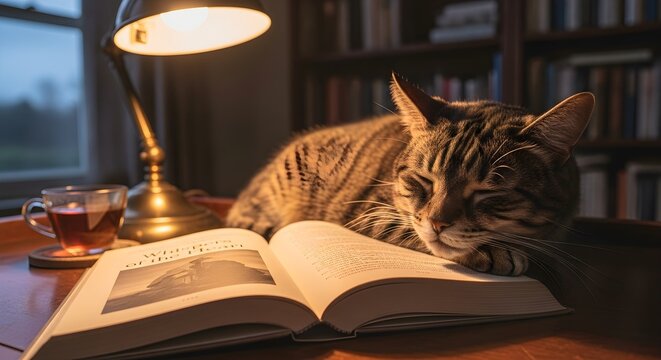 Tabby cat sleeping on an open book near a lamp and a cup of tea in a library - Powered by Adobe