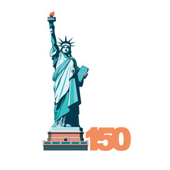 Statue of Liberty monument, poster. 150 years. July 4, USA Independence Day. Green flat design template. Holiday, welcome to America USA. New York symbol, banner, advertisement. Vector illustration