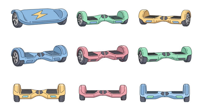 Colorful Collection of Nine Hoverboards in Various Designs and Styles.