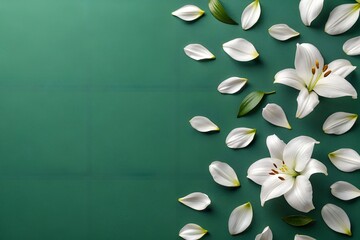 White Lilies and Petals on Green Background