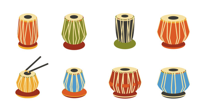 Colorful vector illustration set of traditional Indian tabla hand drums, a percussion instrument.