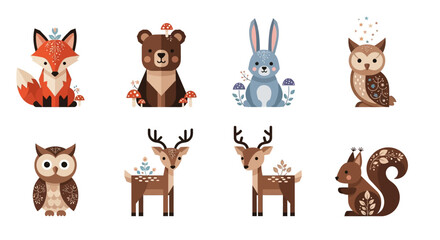 Naklejka premium Cute Cartoon Forest Animals Collection, Colorful and Flat Design.