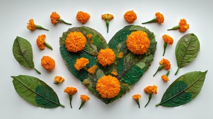 Orange marigold heart with leaves and scattered flowers, traditional festive decoration for Indian rituals, Diwali and cultural celebrations