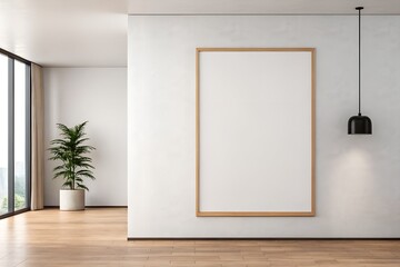 Large Empty Frame in Minimalist Room with Plant