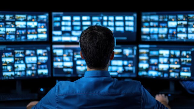 Monitoring digital media trends control room image analysis high-tech environment observer's perspective