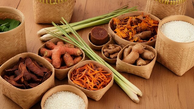 Indonesian Jamu ingredients in bamboo baskets: turmeric (Curcuma longa), ginger (Zingiber officinale), tamarind (Tamarindus indica), lemongrass, rice, palm sugar, and herbs on wooden background.