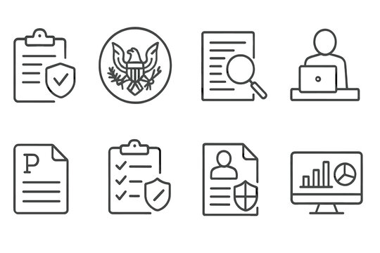 Hedge Fund Icons. Line style icons of hedge funds: regulatory compliance icon, SEC registration symbol, fund audit report,