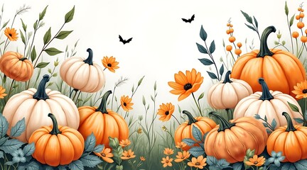 Watercolor Pumpkins and Pampas Grass Boho Halloween