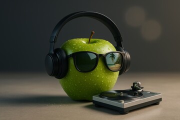 Green Apple DJ with Headphones and Miniature Vinyl Turntable